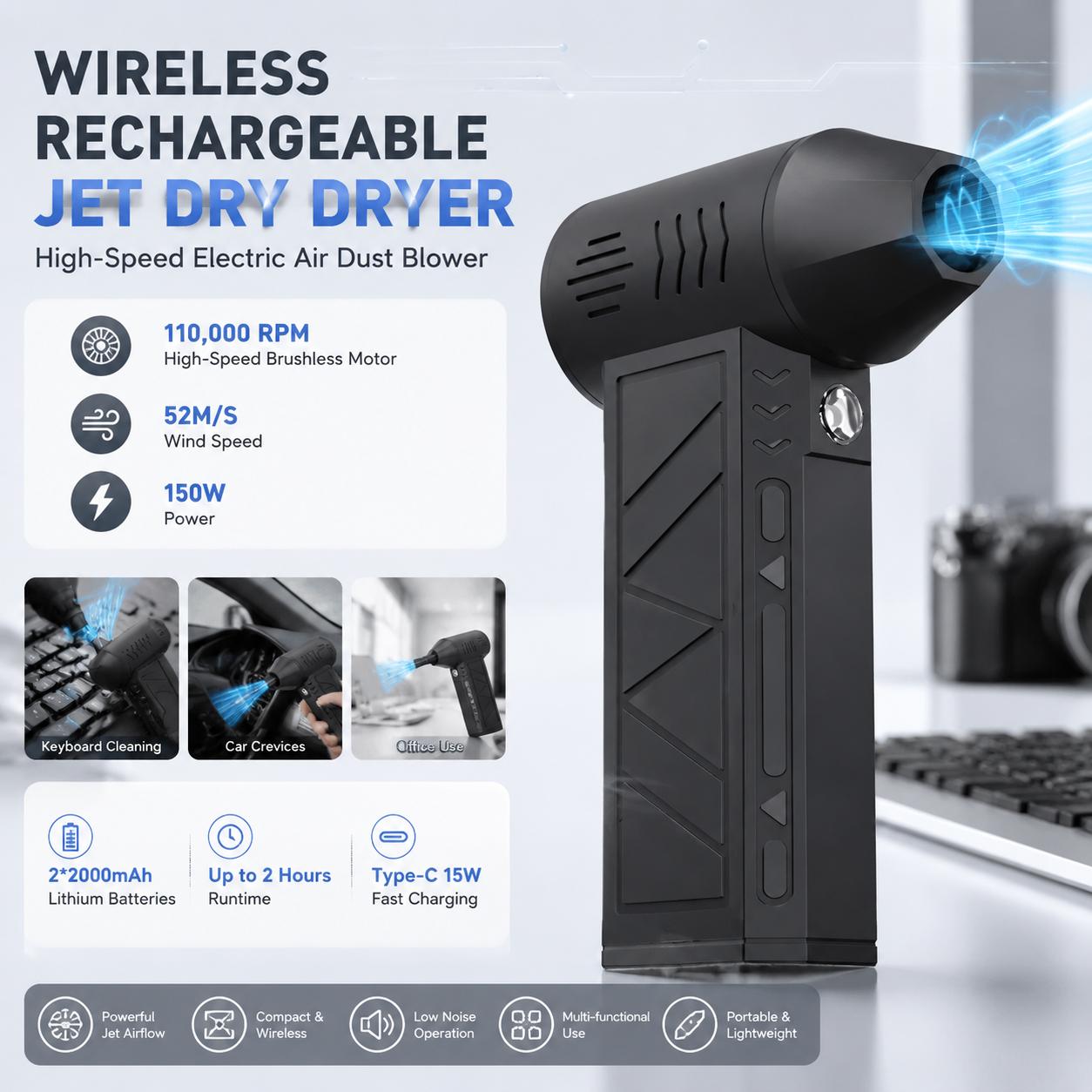 Office And Tech - เครื่องเป่าลมไฟฟ้า 110000 รอบต่อนาที เครื่องเป่าฝุ่นไร้สาย 3 ระดับความเร็ว