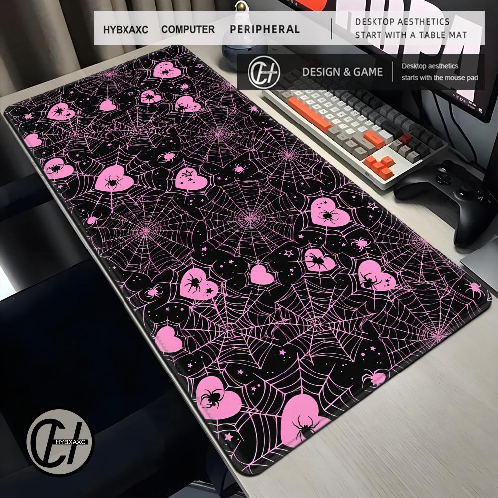 Office And Tech - แผ่นรองเมาส์ลายใยแมงมุมสีขาวหรือชมพู ขนาด 90x40 ซม. ลายหัวใจ พาสเทล